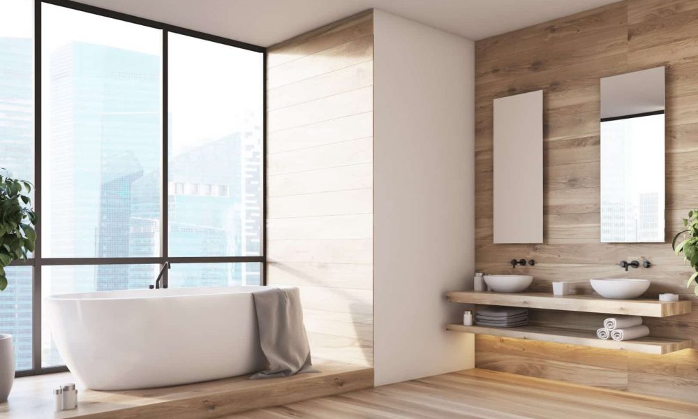 Wooden bathroom interior with a white tub, double sinks and mirrors and a tree in a pot. Side view. 3d rendering mock up